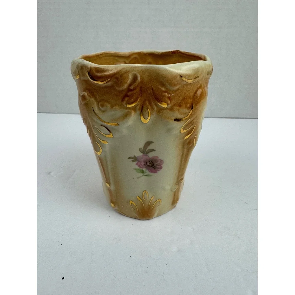 Vintage Floral Ceramic Vase Scalloped Gold Gilt Embossed Scrollwork Tan Cream